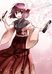  calligraphy_brush flower hair_flower hair_ornament hakama hieda_no_akyuu japanese_clothes kimono long_sleeves looking_at_viewer meiji_schoolgirl_uniform miyakure obi open_mouth paintbrush purple_eyes purple_hair sash scroll short_hair smile solo touhou wide_sleeves 