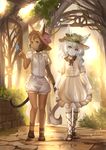  animal_ears ankle_lace-up brown_hair bug butterfly cat_ears cat_tail cross-laced_footwear dark_skin dress flower green_eyes hat hat_flower highres imako_(okiaam) insect long_hair multiple_girls original pale_skin purple_eyes sandals short_hair shorts tail white_hair 