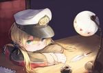  :/ airmail_envelope anchor_hair_ornament blonde_hair chair chin_rest crossed_arms desk desk_lamp green_eyes hair_ornament hat inkwell kantai_collection lamp long_hair looking_at_viewer military military_uniform peaked_cap prinz_eugen_(kantai_collection) quill roll_okashi solo twintails uniform 