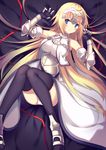  armor blonde_hair blue_eyes chain elbow_gloves fate/apocrypha fate_(series) gloves gorget hecha_(swy1996228) highres jeanne_d'arc_(fate) jeanne_d'arc_(fate)_(all) knees_together_feet_apart long_hair looking_to_the_side lying on_back ribbon solo thighhighs very_long_hair 