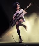  :o ankle_boots backlighting bad_id bad_pixiv_id bare_shoulders bass_guitar black_hair black_legwear blue_eyes blush boots brown_footwear cable choker collarbone full_body hair_over_one_eye highres instrument jet_(jetpic) jewelry leg_up music off_shoulder original parted_lips pendant playing_instrument rickenbacker shirt short_hair short_sleeves shorts solo standing standing_on_one_leg thighhighs white_shirt 