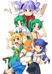  6+girls animal_ears blonde_hair blue_eyes blue_hair blush blush_stickers cat_ears cat_tail check_artist fang furude_rika green_eyes green_hair hairband hanyuu highres higurashi_no_naku_koro_ni horns houjou_satoko hug japanese_clothes long_hair miko multiple_girls official_art ponytail purple_eyes rato ryuuguu_rena school_uniform serafuku short_hair smile sonozaki_mion sonozaki_shion tail take_it_home tears 