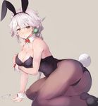  all_fours animal_ears ass back-seamed_legwear beige_background black_footwear black_legwear blush bow bowtie braid breast_hold breasts brown_eyes bunny_ears bunny_tail bunnysuit choker commentary earrings fake_animal_ears hairband hanging_breasts high_heels highres jewelry kantai_collection large_breasts leotard long_hair looking_at_viewer nose_blush pantyhose red_bow red_neckwear seamed_legwear shoes silver_hair simple_background single_braid solo sumisu_(mondo) tail unryuu_(kantai_collection) very_long_hair wrist_cuffs 