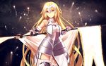  armor bare_shoulders behind_back blonde_hair chain elbow_gloves fate/apocrypha fate_(series) gloves gorget grey_hair hei_tong_shi highres jeanne_d'arc_(fate) jeanne_d'arc_(fate)_(all) long_hair looking_at_viewer shoulders solo standard_bearer thighhighs very_long_hair zettai_ryouiki 