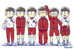  :&lt; :3 arm_up bad_id bad_twitter_id brothers brown_hair closed_eyes clothes_around_waist gym_shirt gym_shorts gym_uniform hands_in_pockets heart heart_in_mouth high_contrast jacket jacket_around_waist jitome lineup male_focus matsuno_choromatsu matsuno_ichimatsu matsuno_juushimatsu matsuno_karamatsu matsuno_osomatsu matsuno_todomatsu messy_hair multiple_boys osomatsu-kun osomatsu-san pulaco sextuplets shirt shorts siblings simple_background sleeves_past_wrists smile track_jacket track_suit twitter_username white_background 