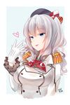  2015 :p artist_name breasts dated epaulettes frilled_sleeves frills gloves heart kantai_collection kashima_(kantai_collection) medium_breasts qiang_jiyu raised_eyebrows silver_eyes silver_hair smile solo tongue tongue_out 
