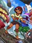  ajna_(indivisible) ankle_wrap beads bike_shorts blood brown_hair commentary dark_skin draw-till-death hair_ornament highres indivisible injury monster sandals scar solo tan torn_clothes 
