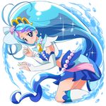  absurdres arm_warmers bad_id bad_pixiv_id blue_eyes blue_hair blue_skirt boots cure_mermaid earrings go!_princess_precure highres jewelry kaidou_minami knee_boots long_hair magical_girl midriff multicolored_hair precure purple_hair seashell_earrings sharumon skirt smile solo streaked_hair two-tone_hair water white_background 