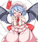  bat_wings blue_hair blush commentary dress fang hat mob_cap open_mouth remilia_scarlet short_hair solo sound_wave tamahana touhou transparent_background wings 