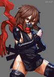  2014 brown_hair commentary_request covered_mouth cowboy_shot fingerless_gloves gloves kagerou_(sennen_sensou_aigis) lolicept ninja red_eyes red_scarf scarf sennen_sensou_aigis sheath sheathed short_hair solo weapon 