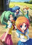  blonde_hair blue_eyes blue_hair brown_hair check_artist cover doll dress ekusa_takahito furude_rika green_eyes green_hair hairband highres higurashi_no_naku_koro_ni houjou_satoko long_hair multiple_girls official_art ponytail purple_eyes red_eyes ryuuguu_rena sailor_dress school_uniform short_hair smile sonozaki_mion 