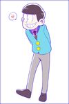  arms_behind_back blue_border border bowl_cut brown_hair dokkoi_shoo formal heart looking_to_the_side male_focus matsuno_osomatsu osomatsu-kun osomatsu-san simple_background smile solo spoken_heart suit white_background 