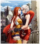  2girls ahoge bakuretsu_tenshi blue_eyes bound bound_wrists breasts chaps cowboy_hat dated day fringe_trim h_p hat jo_(bakuretsu_tenshi) korean long_hair medium_breasts meg_(bakuretsu_tenshi) miniskirt multiple_girls orange_hair red_eyes short_hair silver_hair skirt yuri 