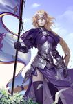  absurdres armor blonde_hair blue_eyes braid capelet chain cloud day fate/apocrypha fate_(series) flower gloves gorget highres hilt jeanne_d'arc_(fate) jeanne_d'arc_(fate)_(all) lily_(flower) lips long_hair looking_at_viewer petals single_braid sky solo standard_bearer sword thighhighs very_long_hair wangling_mk_san weapon wind zettai_ryouiki 