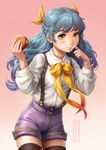  bad_id bad_pixiv_id beef blue_hair buttons collared_shirt cucumber finger_to_mouth food gradient gradient_background green_eyes hair_ribbon hamburger highres holding holding_food kotikomori long_hair long_sleeves looking_at_viewer orange_ribbon original pink_background ribbon shirt shorts simple_background smile solo standing thighhighs white_shirt 