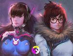  animal_print armor bangs black-framed_eyewear black_eyes black_hair bodysuit breasts breasts_apart bunny_print coat d.va_(overwatch) facial_mark fur_trim glasses gorget grey_background hair_bun hair_ornament hair_stick headphones jang_ju_hyeon large_breasts light_smile lips long_hair looking_at_viewer mei_(overwatch) multiple_girls overwatch realistic red_hair robot_ears short_hair side-by-side simple_background smile turtleneck upper_body whisker_markings winter_clothes 