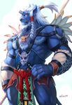  blue_skin braid broken_horn final_fantasy final_fantasy_x hair_ornament highres kimahri_ronso long_hair male_focus muscle null-ghost ronso solo weapon white_hair yellow_eyes 