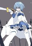  blue_eyes blue_hair cape cutlass_(sword) gloves hair_ornament hairclip highres keisan magical_girl mahou_shoujo_madoka_magica miki_sayaka multiple_swords shaded_face short_hair solo sword thighhighs weapon white_gloves white_legwear 