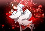  bangs body_writing bridal_gauntlets brown_eyes brown_hair camellia flower japanese_clothes kimono lying nora_(noragami) noragami obi on_side red_flower red_lips sash solo striped tabi triangular_headpiece tsukuyomi_kou white_kimono white_legwear zouri 