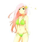  absurdres arm_behind_back bikini breasts cowboy_shot flower fluttershy front-tie_top green_eyes groin hair_flower hair_ornament hand_on_hip highres long_hair medium_breasts my_little_pony my_little_pony_friendship_is_magic navel petals pink_hair rose rose_petals side-tie_bottom simple_background smile solo swimsuit underboob white_background yellow_flower yellow_rose 