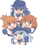  :d akatsuki_(kantai_collection) black_legwear blue_eyes brown_eyes brown_hair commentary_request dress fang flat_cap folded_ponytail hair_ornament hairclip hat hibiki_(kantai_collection) ikazuchi_(kantai_collection) inazuma_(kantai_collection) kantai_collection kotanu_(kotanukiya) long_hair long_sleeves multiple_girls neckerchief open_mouth ponytail purple_hair sailor_collar sailor_dress short_hair silver_hair sleeves_past_fingers sleeves_past_wrists smile younger 