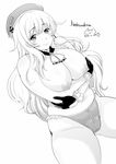  atago_(kantai_collection) belly breasts cameltoe dated gloves greyscale hat kantai_collection large_breasts long_hair looking_at_viewer monochrome nipples plump signature simple_background smile solo thick_thighs thighs topless uesugi_kyoushirou white_background 