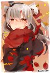  amatsukaze_(kantai_collection) autumn autumn_leaves blush brown_coat brown_eyes coat hair_between_eyes hair_tubes kantai_collection kumahara leaf long_hair looking_at_viewer red_scarf scarf silver_hair smile solo twitter_username two_side_up upper_body windsock 