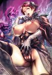  breasts cape finger_in_mouth gloves glowing glowing_eyes granblue_fantasy highres kishizuka_kenji lady_grey large_breasts mature nipples panties red_eyes red_hair skeleton solo thighhighs underwear 