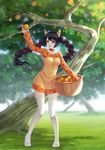  :d animal_ears arm_up basket black_hair blue_eyes blue_sky borrowed_character cat_ears choker collarbone day food food_print fruit grass hair_ribbon holding holding_food holding_fruit leaf long_hair long_sleeves open_mouth orange orange_shirt orange_tree original outdoors red_ribbon ribbon shirt sky smile solo sunlight thighhighs tree twintails very_long_hair villyane white_legwear zettai_ryouiki 