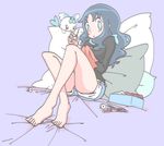  barefoot blue_eyes blue_hair coffret_(heartcatch_precure!) heartcatch_precure! holding_needle karaagetarou kurumi_erika long_hair needle pillow precure sewing shorts 