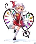  absurdres ascot bad_id bad_pixiv_id blonde_hair blue_eyes dikko dress flandre_scarlet hat hat_ribbon heart heart_wings highres laevatein mary_janes mob_cap puffy_short_sleeves puffy_sleeves red_dress ribbon sash shirt shoes short_sleeves side_ponytail signature smile solo touhou wings wrist_cuffs 