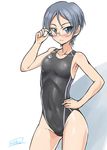  adjusting_eyewear bangs black_swimsuit blue_eyes blush breasts collarbone competition_swimsuit cowboy_shot girls_und_panzer glasses hand_on_hip highres medium_breasts one-piece_swimsuit parted_bangs rimless_eyewear rumi_(girls_und_panzer) short_hair signature silver_hair simple_background solo solokov_(okb-999) standing swimsuit 