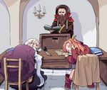  2boys 3678177 anger_vein barbastoff_(sennen_sensou_aigis) beard black_robe book brown_hair candle chair cyrus_(sennen_sensou_aigis) facial_hair hood indoors inkwell mehlis_(sennen_sensou_aigis) multiple_boys mustache nose_bubble open_book open_mouth orange_hair podium quill robe sennen_sensou_aigis sitting sleeping table white_hair 