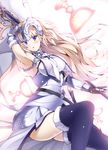  :o armor armpits ass belt blonde_hair blue_eyes blush chain cup fate/apocrypha fate_(series) fur gloves gorget highres hilt jeanne_d'arc_(fate) jeanne_d'arc_(fate)_(all) long_hair md5_mismatch pale_skin shinkami_hiroki simple_background solo standard_bearer sword thighhighs very_long_hair weapon 