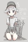  2015 bad_id bad_nicoseiga_id banned_artist between_legs character_name commentary_request dated grey_background hair_ribbon hand_between_legs hat kantai_collection looking_at_viewer machinery ooshio_(kantai_collection) pleated_skirt ribbon school_uniform seiza short_hair short_twintails simple_background sitting skirt smile solo suspenders twintails twitter_username v_arms yopan_danshaku 