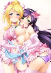  ass ayase_eli bare_shoulders blonde_hair blue_eyes blush breasts breasts_outside choker collarbone covered_nipples dress dress_lift dress_pull elbow_gloves flower gloves green_eyes hair_flower hair_ornament hairband hand_on_another's_ass heart heart_hands heart_hands_duo inverted_nipples large_breasts licking long_hair looking_at_viewer love_live! love_live!_school_idol_project multiple_girls narutaki_shin nipple_licking nipples no_bra open_mouth panties pink_dress pink_gloves pink_scrunchie purple_hair purple_panties sash scrunchie single_thighhigh smile striped striped_legwear sweat take_your_pick thighhighs tongue tongue_out topless toujou_nozomi underwear very_long_hair white_panties yuri 
