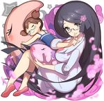  ass black_hair brown_hair finger_to_mouth flower full_body gen_5_pokemon glasses hair_flower hair_ornament hairclip highres labcoat long_hair looking_at_viewer makomo_(pokemon) multiple_girls munna musharna petals pokemon pokemon_(creature) pokemon_(game) pokemon_bw saitou_naoki semi-rimless_eyewear shouro_(pokemon) siblings sisters sleeping sleeves_rolled_up smile two_side_up very_long_hair 