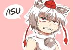  angry animal_ears clenched_teeth dog_ears fangs hat indonesian inubashiri_momiji kapiten70 pink_background pom_pom_(clothes) profanity red_eyes short_hair simple_background solo teeth tokin_hat touhou translated white_hair wolf_ears 