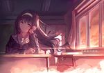  ai_ai_gasa arm_rest arm_support artist_name black_hair black_serafuku blue_eyes chalkboard collarbone cupboard desk evening floating_hair hairband head_tilt heart indoors kasumigaoka_utaha lamp light_rays orange_sky red_ribbon ribbon saenai_heroine_no_sodatekata sailor_collar school school_uniform serafuku sitting sky smile solo sunlight sunset upper_body usanekorin window 