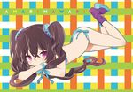  amari_mawari black_hair blush hair_between_eyes hair_ornament highres kuroda_bb long_hair looking_at_viewer lying mismatched_legwear purple_eyes socks solo source_request twintails 