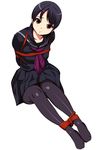  black_hair black_legwear black_serafuku black_skirt blush bound bound_arms bound_legs brown_eyes collarbone eyebrows_visible_through_hair full_body highres long_sleeves looking_at_viewer matsunaga_kouyou neckerchief no_shoes original pantyhose red_neckwear red_rope rope school_uniform serafuku shibari shibari_over_clothes simple_background sitting skirt solo tied_up wavy_mouth white_background 