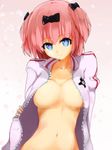  1girl blue_eyes bow breasts cleavage commentary_request hair_bow hibari_(senran_kagura) jacket large_breasts looking_at_viewer navel no_nipples open_clothes open_jacket pink_hair rasiem senran_kagura senran_kagura_shoujo-tachi_no_shin'ei short_hair short_twintails smile solo symbol-shaped_pupils track_jacket twintails 
