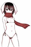  animal_ears areolae arms_behind_back bikini black_hair blush bunny_ears collarbone covered_mouth cowboy_shot flat_chest inaba_tewi jitome kuroba_rapid micro_bikini navel red_eyes scarf serious short_hair side-tie_bottom solo swimsuit touhou 