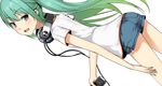  blackberry_ltd casual cellphone couzone dutch_angle green_hair hatsune_miku headphones highres long_hair long_legs phone shorts simple_background solo twintails vocaloid white_background 