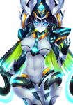  android arm_at_side bangs between_breasts black_hair black_sclera blue_eyes blue_hair breasts cameltoe code_maya cowboy_shot detached_collar detached_sleeves elsword fi-san gloves glowing glowing_eyes gradient_eyes green_hair hat highres long_hair looking_at_viewer mecha_musume multicolored multicolored_eyes multicolored_hair necktie no_mouth robot short_necktie solo spread_fingers thigh_gap transparent_background 
