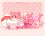  :d animal_ears curly_hair dav-19 fangs floral_print frilled_pillow frills gen_1_pokemon legs_up long_hair lying on_bed on_stomach open_mouth pajamas personification pillow pillow_hug pink_eyes pink_hair pink_legwear pokemon slowpoke smile socks solo tail watermark web_address 