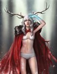  antlers bikini blue_gloves breasts cape cleavage expressionless fur_cape gloves green_eyes highres long_hair looking_at_viewer midriff navel original parted_lips red_cape silver_hair small_breasts snow snowflakes snowing solo standing stomach swimsuit unodu white_bikini 