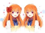  bow cosplay dual_persona gekkan_shoujo_nozaki-kun hair_bow hakusai_(tiahszld) mamiko_(koi_shiyou!) mamiko_(koi_shiyou!)_(cosplay) md5_mismatch multiple_girls open_mouth orange_hair polka_dot polka_dot_bow purple_eyes sakura_chiyo smile sweater_vest 