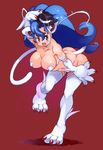  :3 :d animal_ears big_hair blue_eyes blue_hair breasts cat_ears cat_girl cat_paws cat_tail fedora felicia full_body hand_on_headwear hand_up hat large_breasts leaning_forward long_hair open_mouth paws red_background simple_background smile solo standing standing_on_one_leg tail vampire_(game) yu_3 
