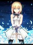  artoria_pendragon_(all) bare_arms black_legwear blonde_hair bow breasts dress fate/stay_night fate/unlimited_codes fate_(series) green_eyes hair_bow hand_on_hilt highres magicians_(zhkahogigzkh) pantyhose petals ribbon saber saber_lily small_breasts smile solo sword weapon 